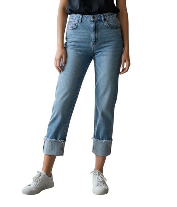 ROLLA'S Denim - Rolla's Blue Cropped Straight Denim Jeans Stitched Rolled Hem Medium Size 28